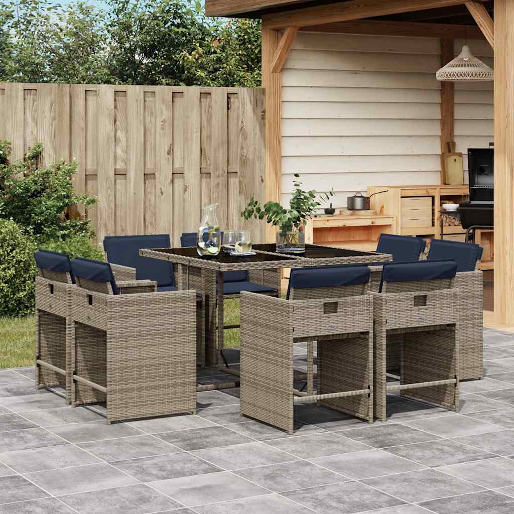 Conjunto de jantar para jardim de 9 peças com almofadas, em rattan sintético cinza