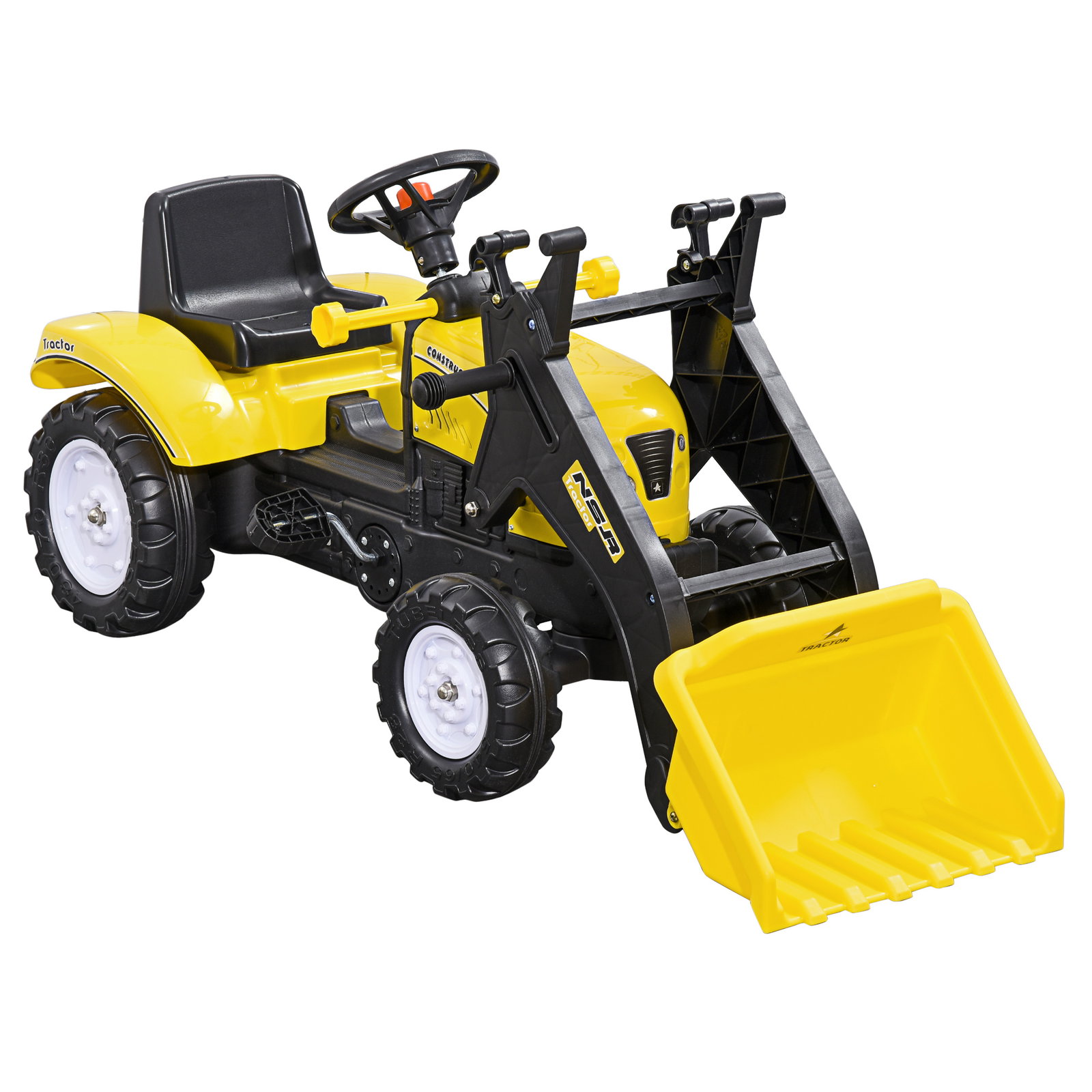 Trator a pedal para crianças acima de 3 anos trator escavadora infantil com pá dianteira 114x41x52 cm amarelo e preto
