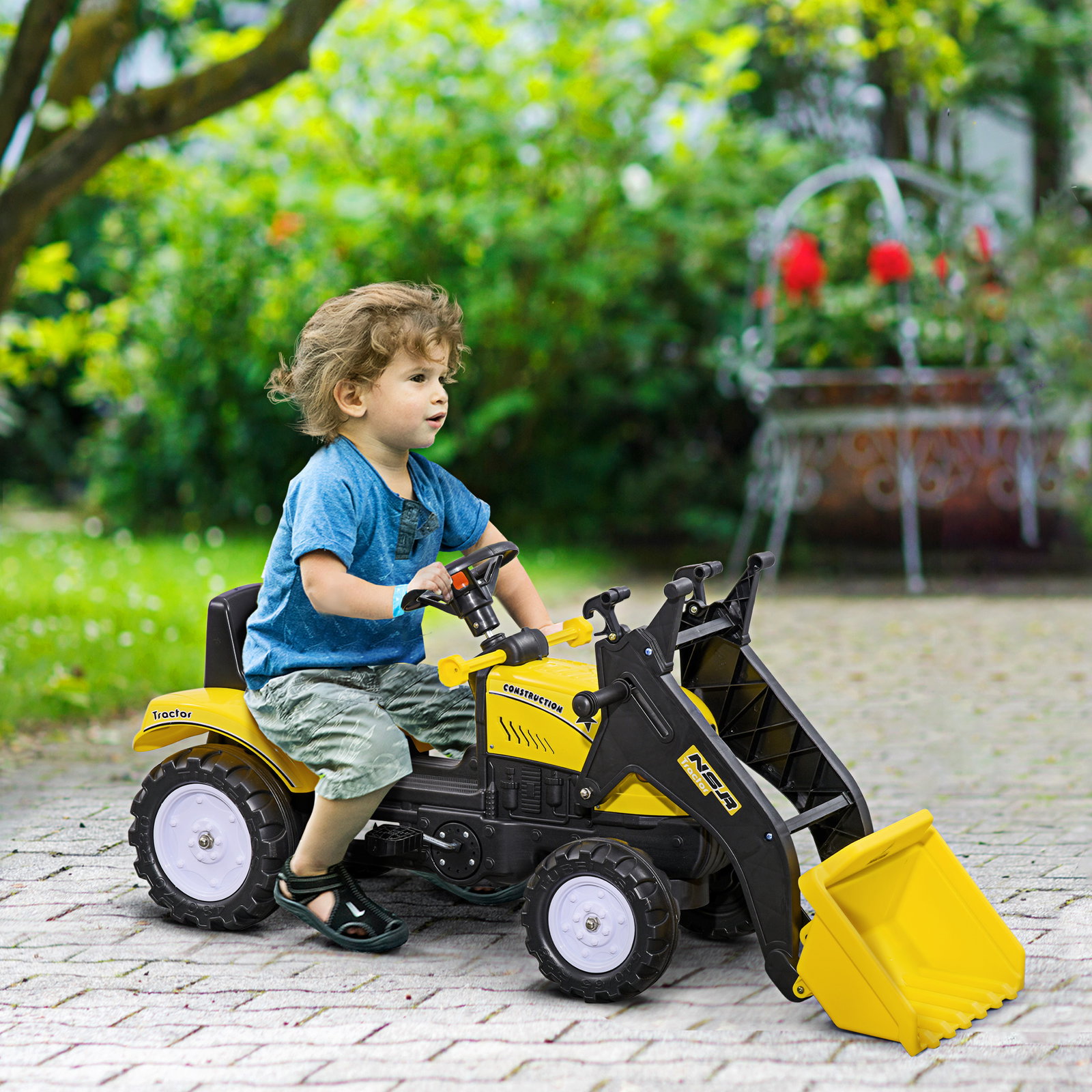 Trator a pedal para crianças acima de 3 anos trator escavadora infantil com pá dianteira 114x41x52 cm amarelo e preto