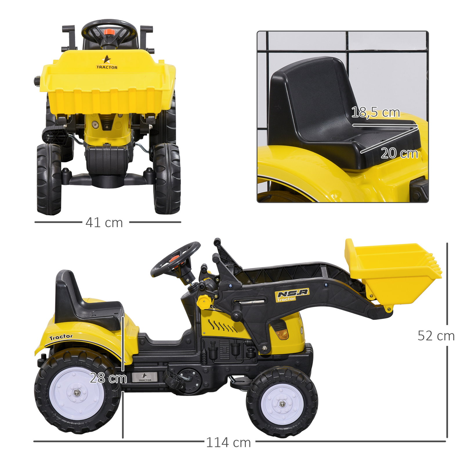 Trator a pedal para crianças acima de 3 anos trator escavadora infantil com pá dianteira 114x41x52 cm amarelo e preto