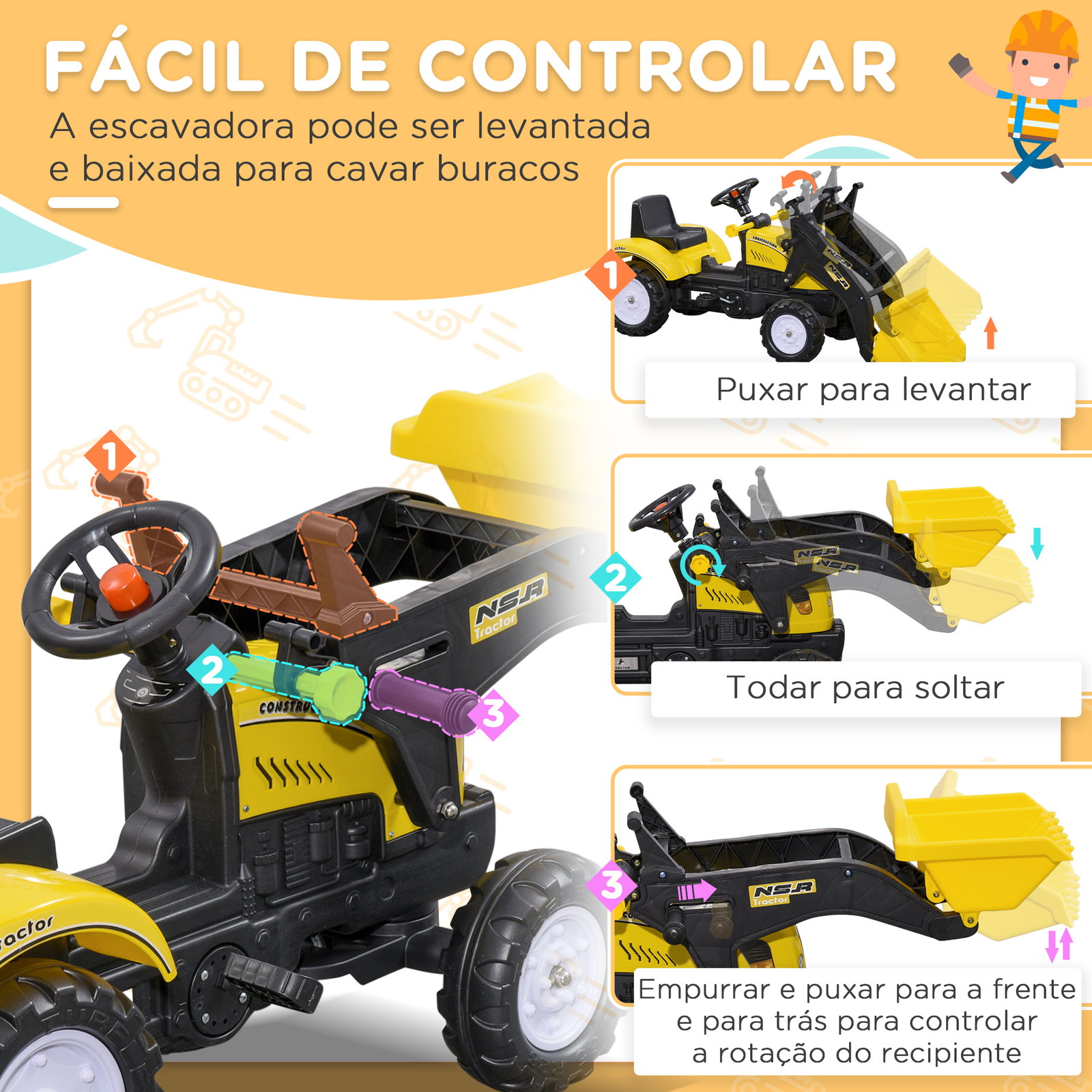 Trator a pedal para crianças acima de 3 anos trator escavadora infantil com pá dianteira 114x41x52 cm amarelo e preto