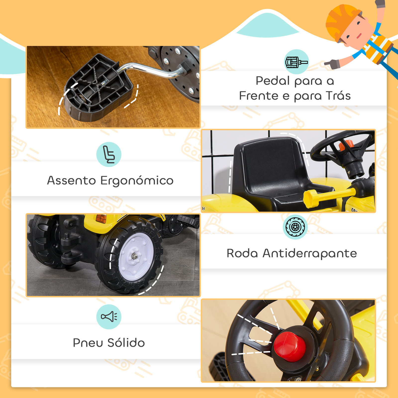 Trator a pedal para crianças acima de 3 anos trator escavadora infantil com pá dianteira 114x41x52 cm amarelo e preto