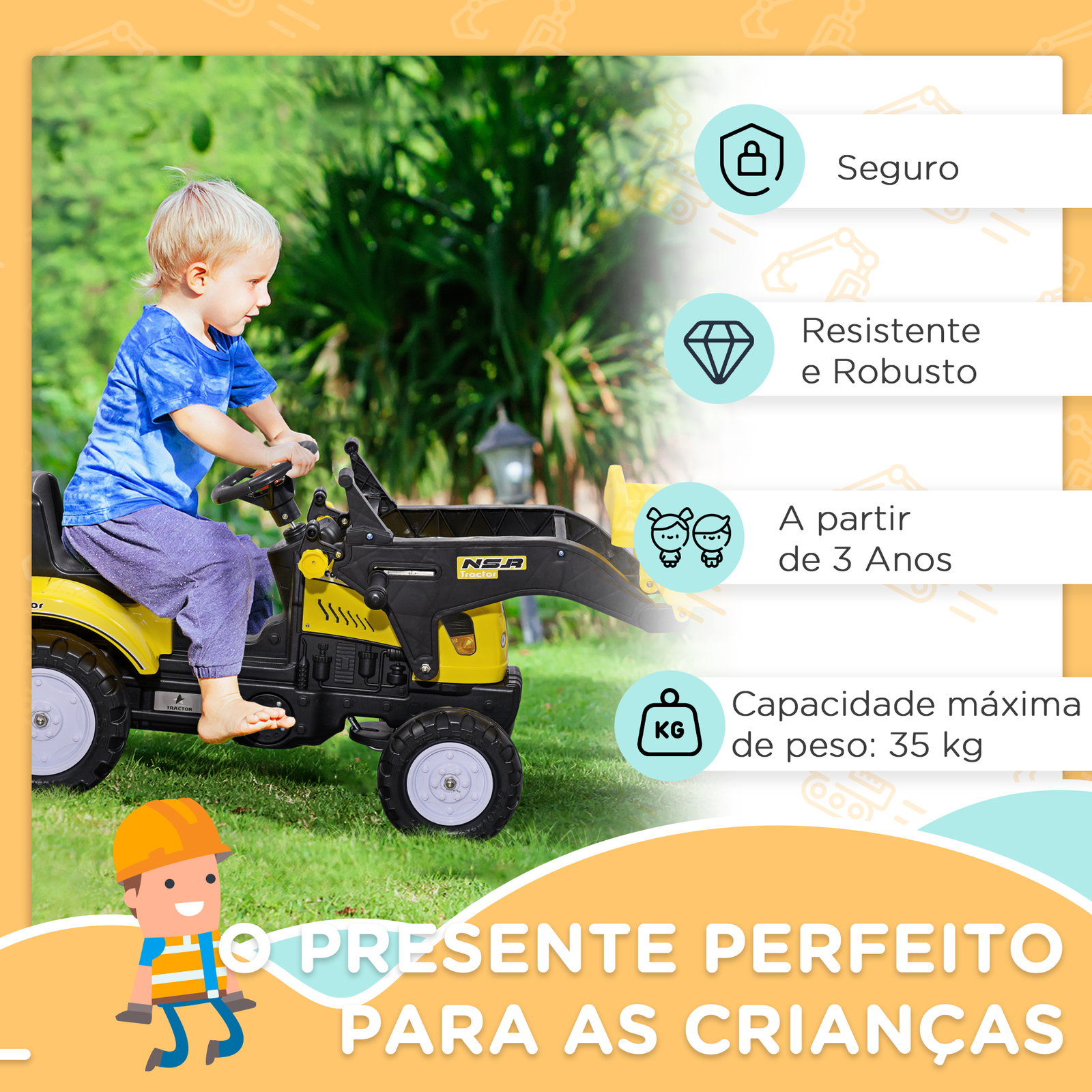 Trator a pedal para crianças acima de 3 anos trator escavadora infantil com pá dianteira 114x41x52 cm amarelo e preto