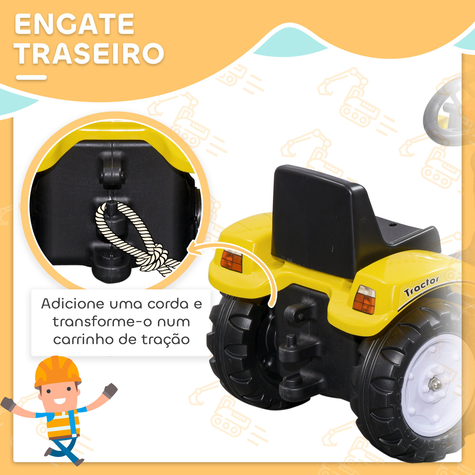 Trator a pedal para crianças acima de 3 anos trator escavadora infantil com pá dianteira 114x41x52 cm amarelo e preto