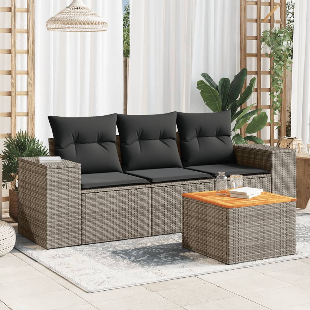 4 Pcs conjunto sofás de jardim c/ almofadões vime PE cinzento