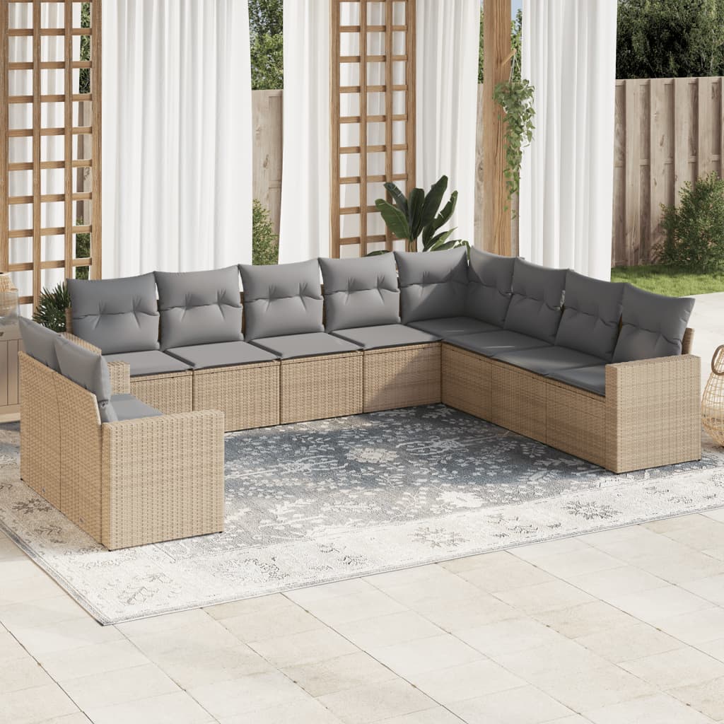 10 Pcs conjunto de sofás p/ jardim com almofadões vime PE bege
