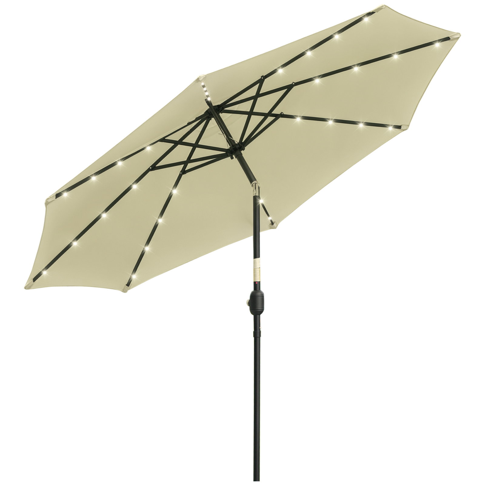 Chapéu de sol exterior para terraço, ø265 cm, guarda-sol de jardim com 32 luzes LED solares, poste de aço e manivela de guarda-sol inclinável, para pátio, terraço, bege