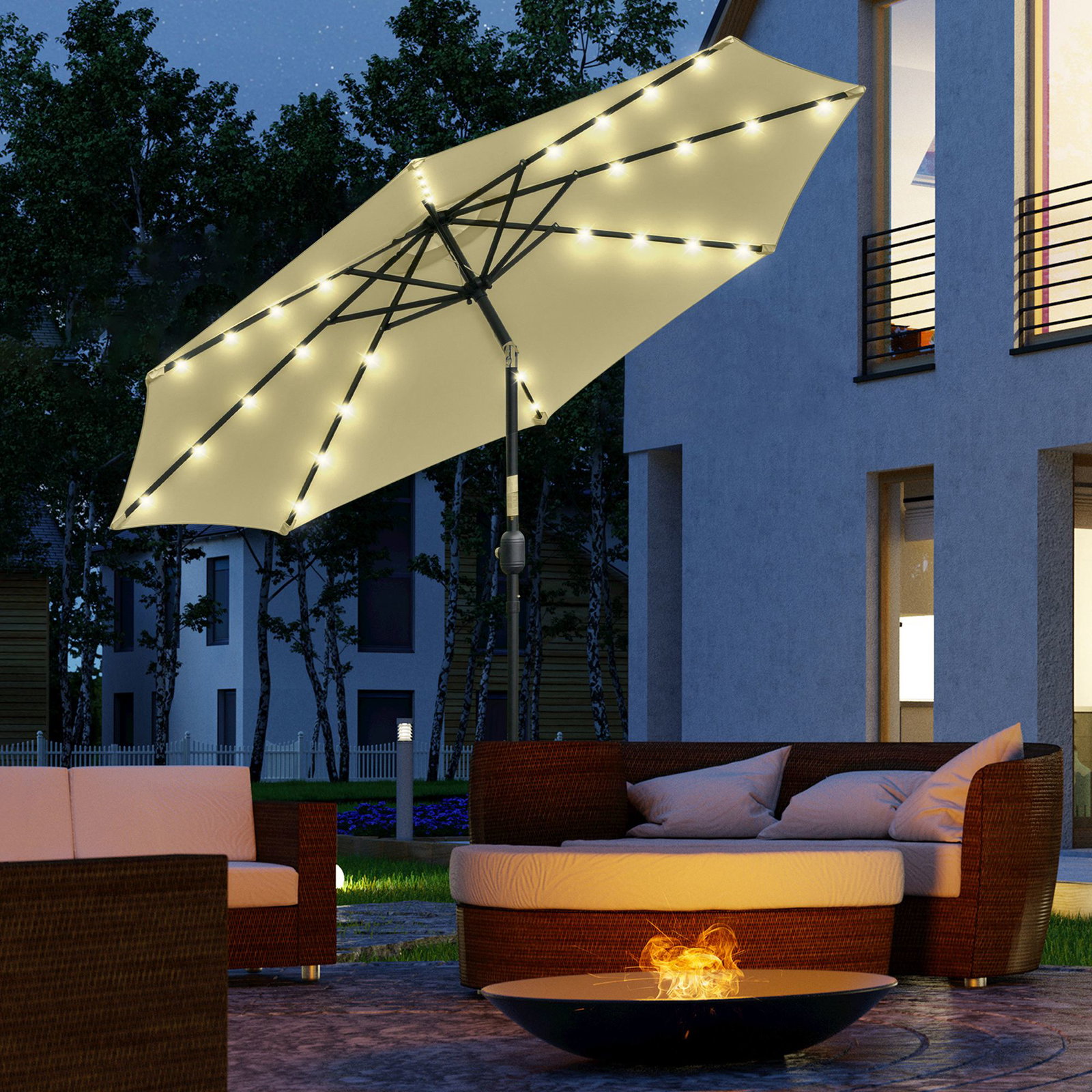 Chapéu de sol exterior para terraço, ø265 cm, guarda-sol de jardim com 32 luzes LED solares, poste de aço e manivela de guarda-sol inclinável, para pátio, terraço, bege