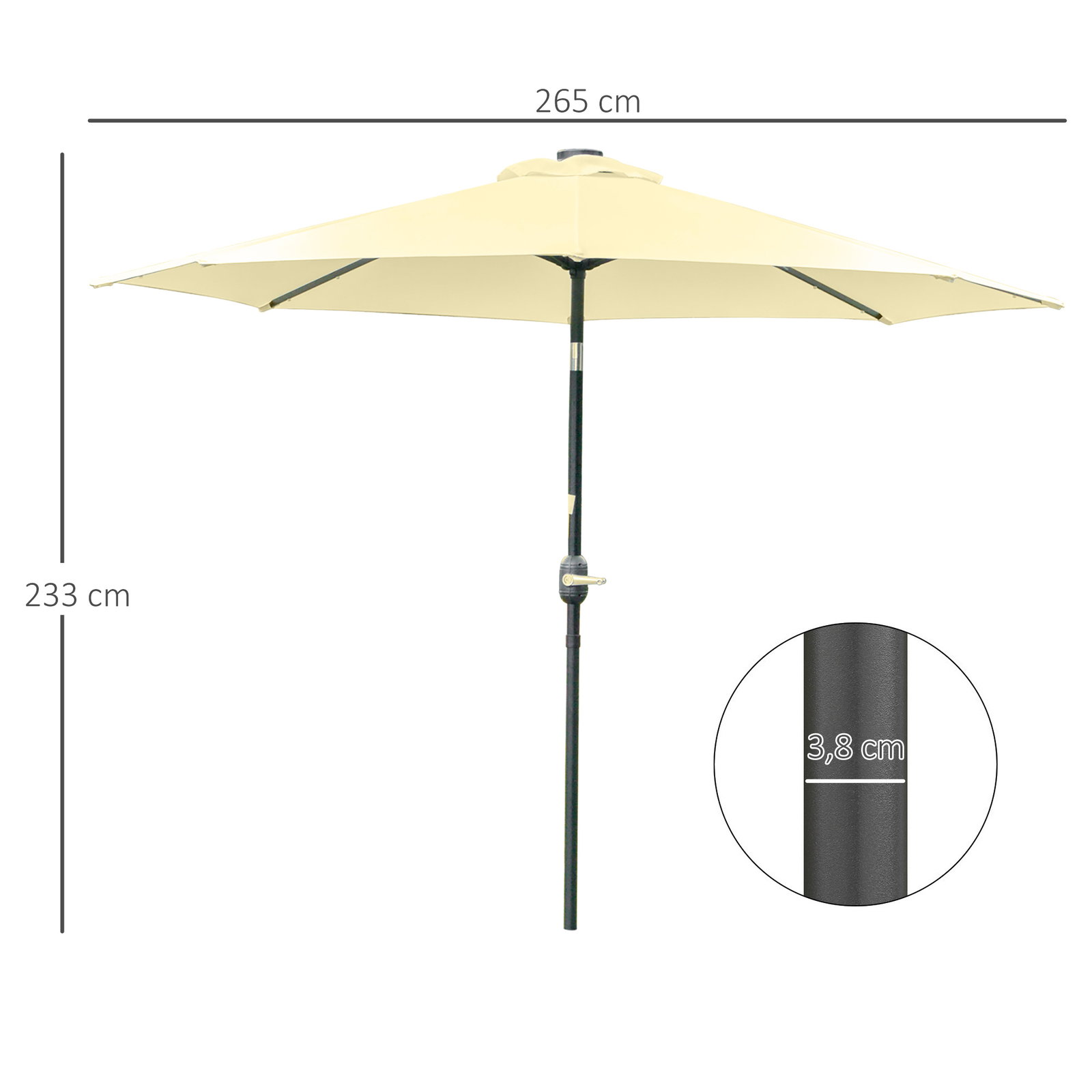 Chapéu de sol exterior para terraço, ø265 cm, guarda-sol de jardim com 32 luzes LED solares, poste de aço e manivela de guarda-sol inclinável, para pátio, terraço, bege