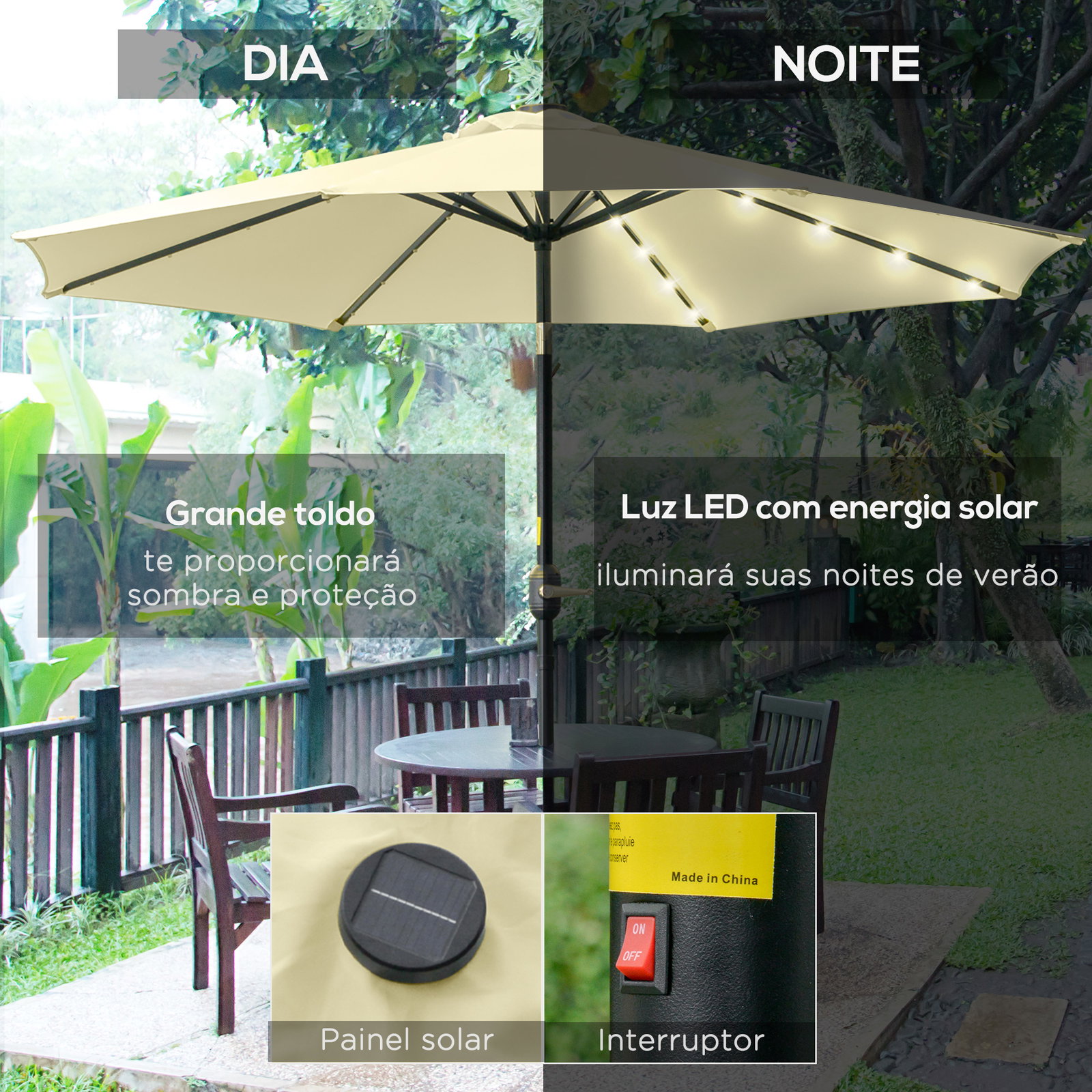 Chapéu de sol exterior para terraço, ø265 cm, guarda-sol de jardim com 32 luzes LED solares, poste de aço e manivela de guarda-sol inclinável, para pátio, terraço, bege