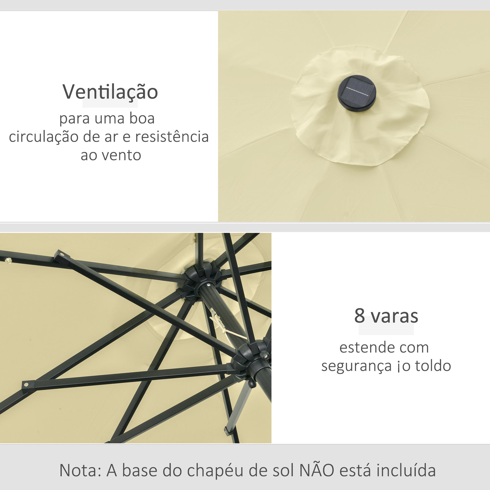 Chapéu de sol exterior para terraço, ø265 cm, guarda-sol de jardim com 32 luzes LED solares, poste de aço e manivela de guarda-sol inclinável, para pátio, terraço, bege