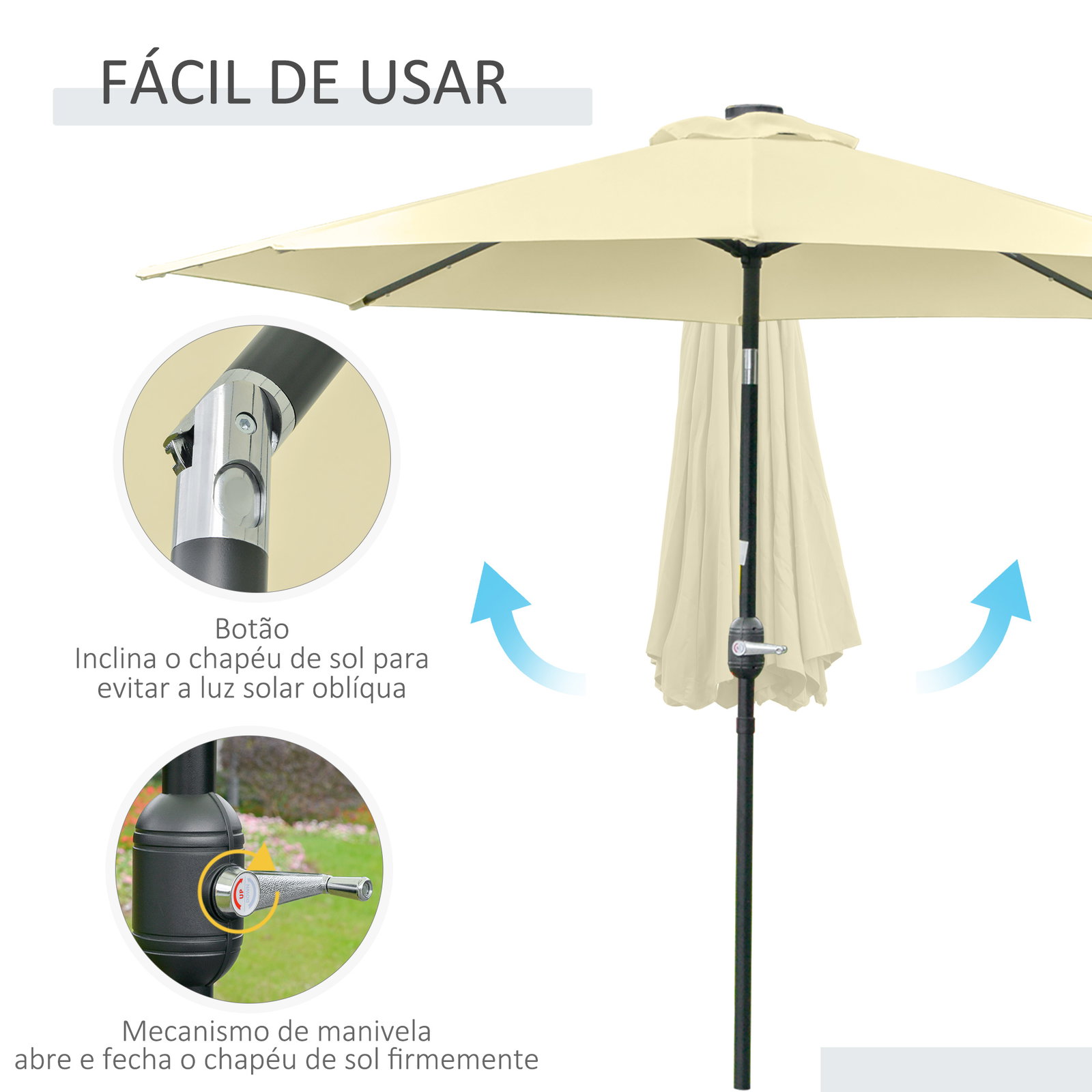 Chapéu de sol exterior para terraço, ø265 cm, guarda-sol de jardim com 32 luzes LED solares, poste de aço e manivela de guarda-sol inclinável, para pátio, terraço, bege