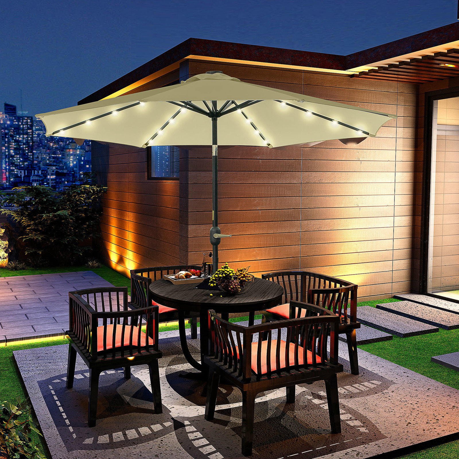 Chapéu de sol exterior para terraço, ø265 cm, guarda-sol de jardim com 32 luzes LED solares, poste de aço e manivela de guarda-sol inclinável, para pátio, terraço, bege