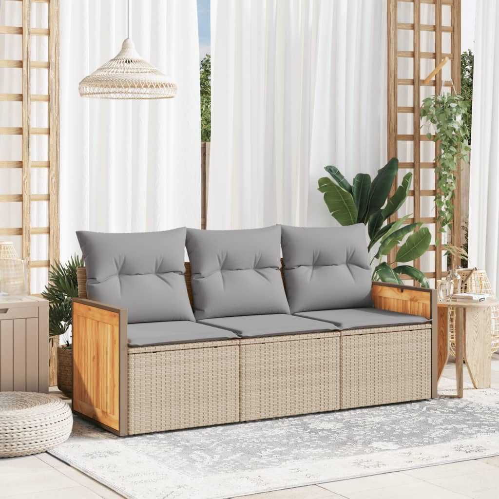 3 Pcs conjunto de sofás p/ jardim com almofadões vime PE bege