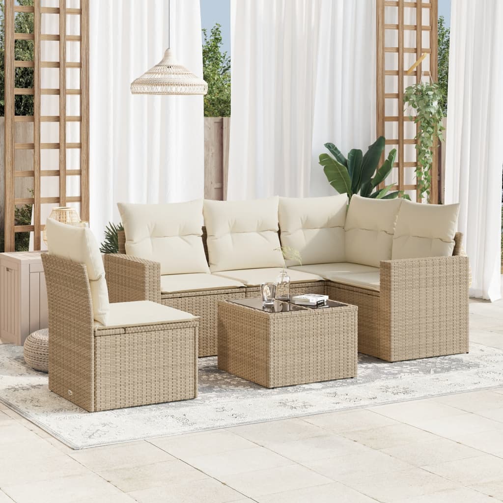 6 Pcs conjunto de sofás p/ jardim com almofadões vime PE bege