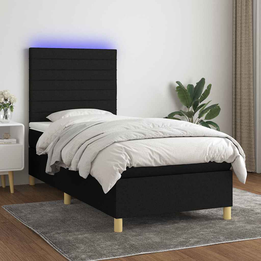 Cama box spring c/ colchão e LED 80x200 cm tecido preto