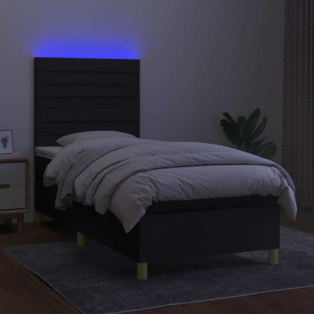 Cama box spring c/ colchão e LED 80x200 cm tecido preto
