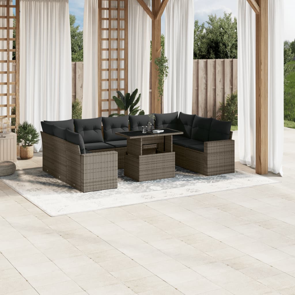 10 Pcs conjunto sofás de jardim c/ almofadões vime PE cinzento