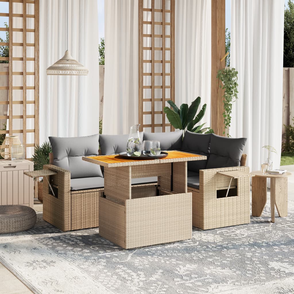 5 Pcs conjunto de sofás p/ jardim com almofadões vime PE bege
