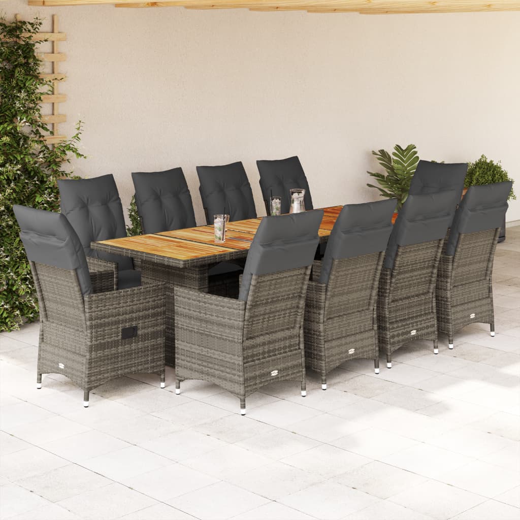 11 Pcs conjunto bistrô de jardim c/ almofadões vime PE cinzento