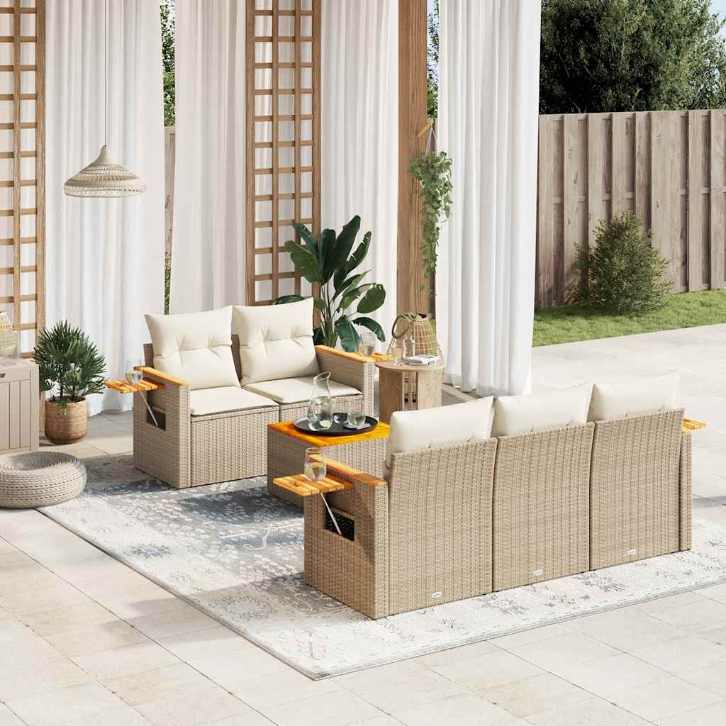 6 Pcs conjunto de sofás p/ jardim com almofadões vime PE bege