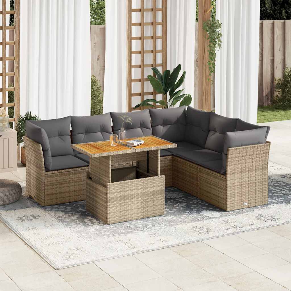 7 Pcs conjunto de sofás p/ jardim com almofadões vime PE bege