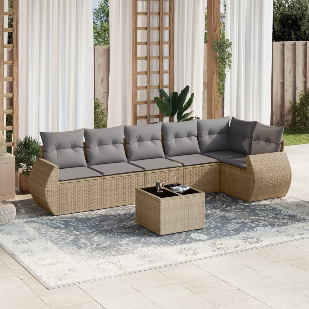7 Pcs conjunto de sofás p/ jardim com almofadões vime PE bege