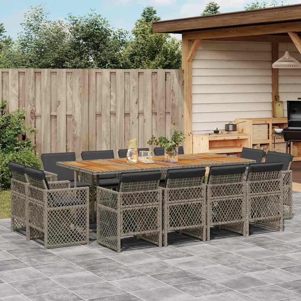 13 Pcs conjunto jantar p/ jardim c/ almofadões vime PE cinzento