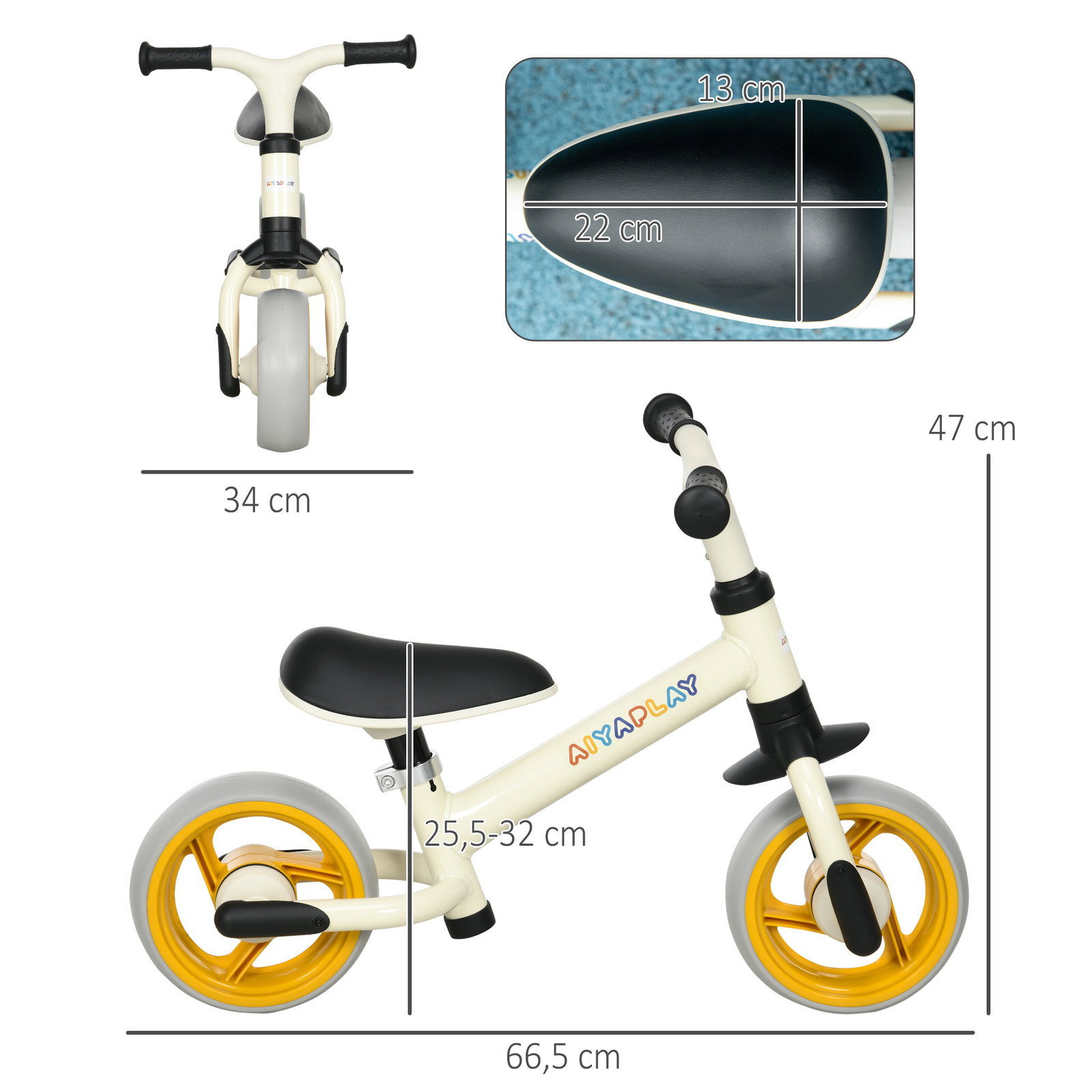Bicicleta sem pedais para crianças de 18-48 meses bicicleta de equilíbrio com assento ajustável em altura 66,5x34x47 cm branco