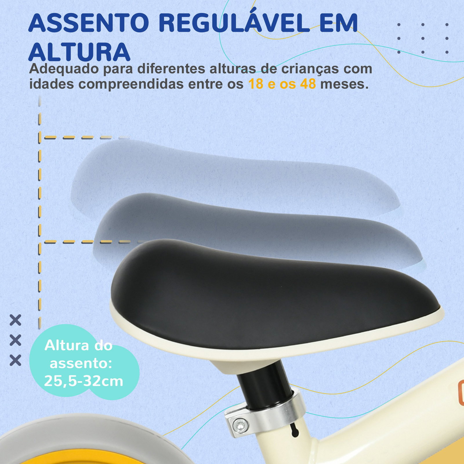 Bicicleta sem pedais para crianças de 18-48 meses bicicleta de equilíbrio com assento ajustável em altura 66,5x34x47 cm branco