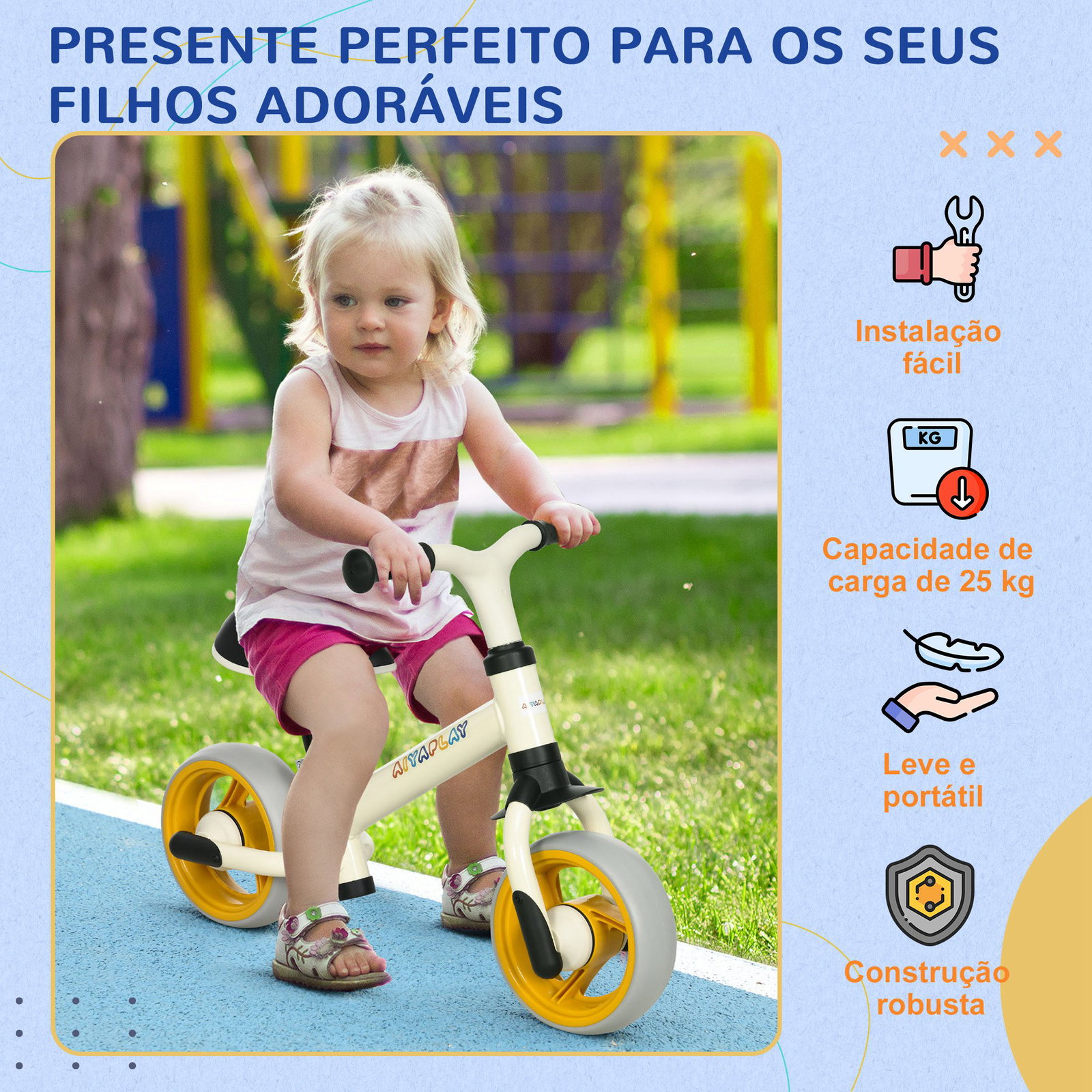 Bicicleta sem pedais para crianças de 18-48 meses bicicleta de equilíbrio com assento ajustável em altura 66,5x34x47 cm branco