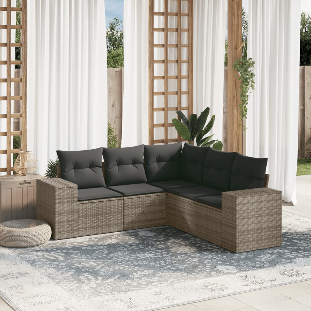 5 Pcs conjunto sofás de jardim c/ almofadões vime PE cinzento