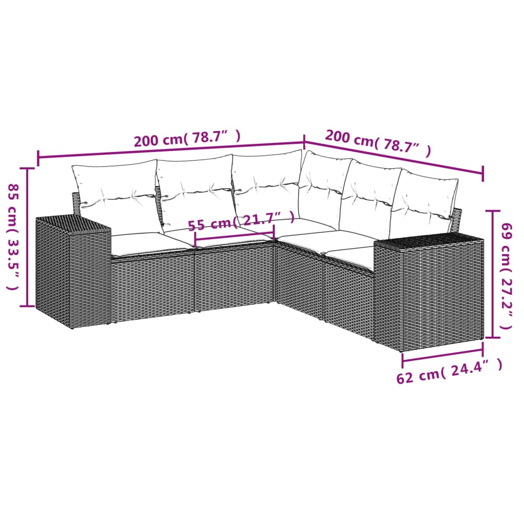 5 Pcs conjunto sofás de jardim c/ almofadões vime PE cinzento