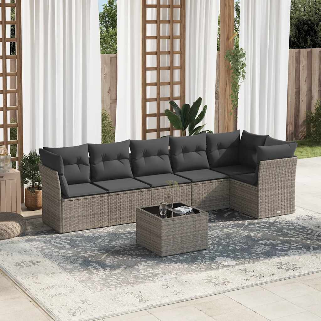 7 Pcs conjunto sofás p/ jardim c/ almofadões vime PE cinzento