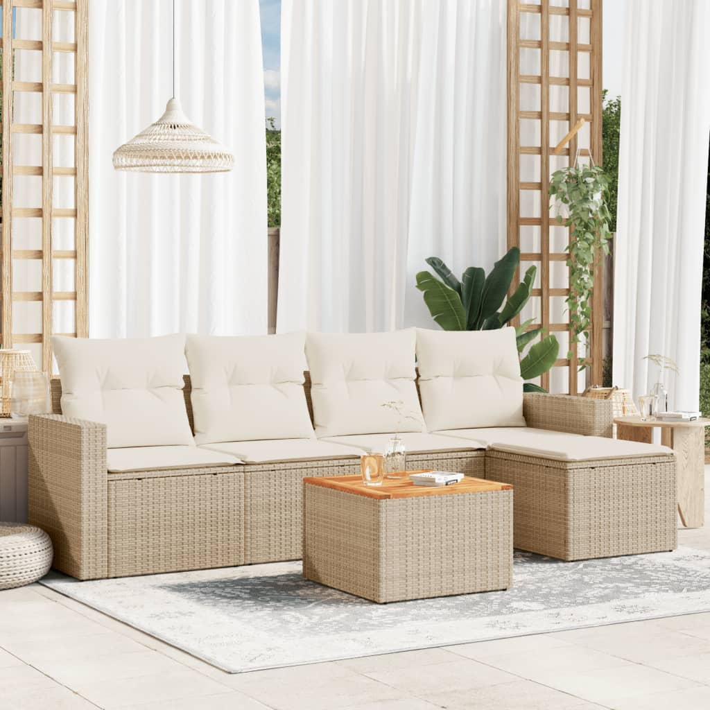 6 Pcs conjunto de sofás p/ jardim com almofadões vime PE bege