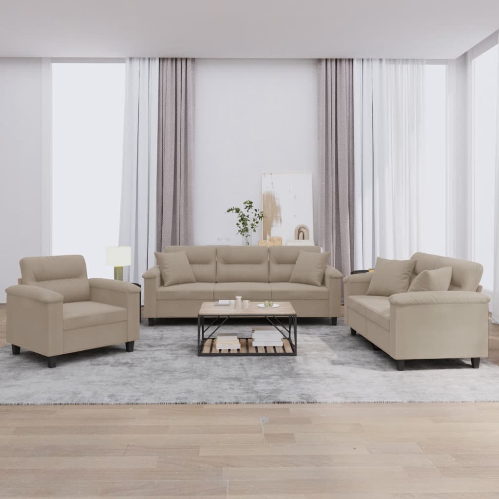 3 Pcs conjunto sofás c/ almofadas microfibra cinza-acastanhado