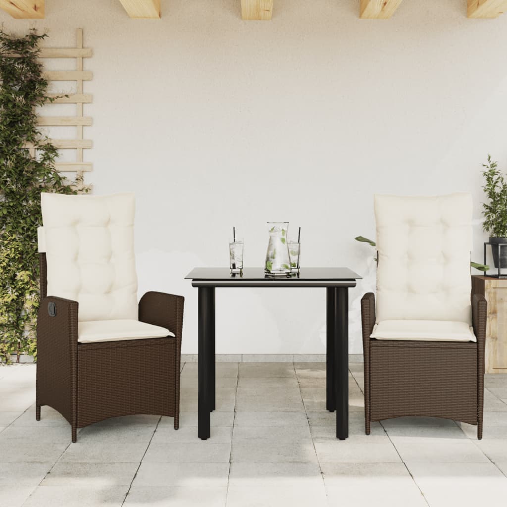 3 Pcs conjunto jantar p/ jardim c/ almofadões vime PE castanho