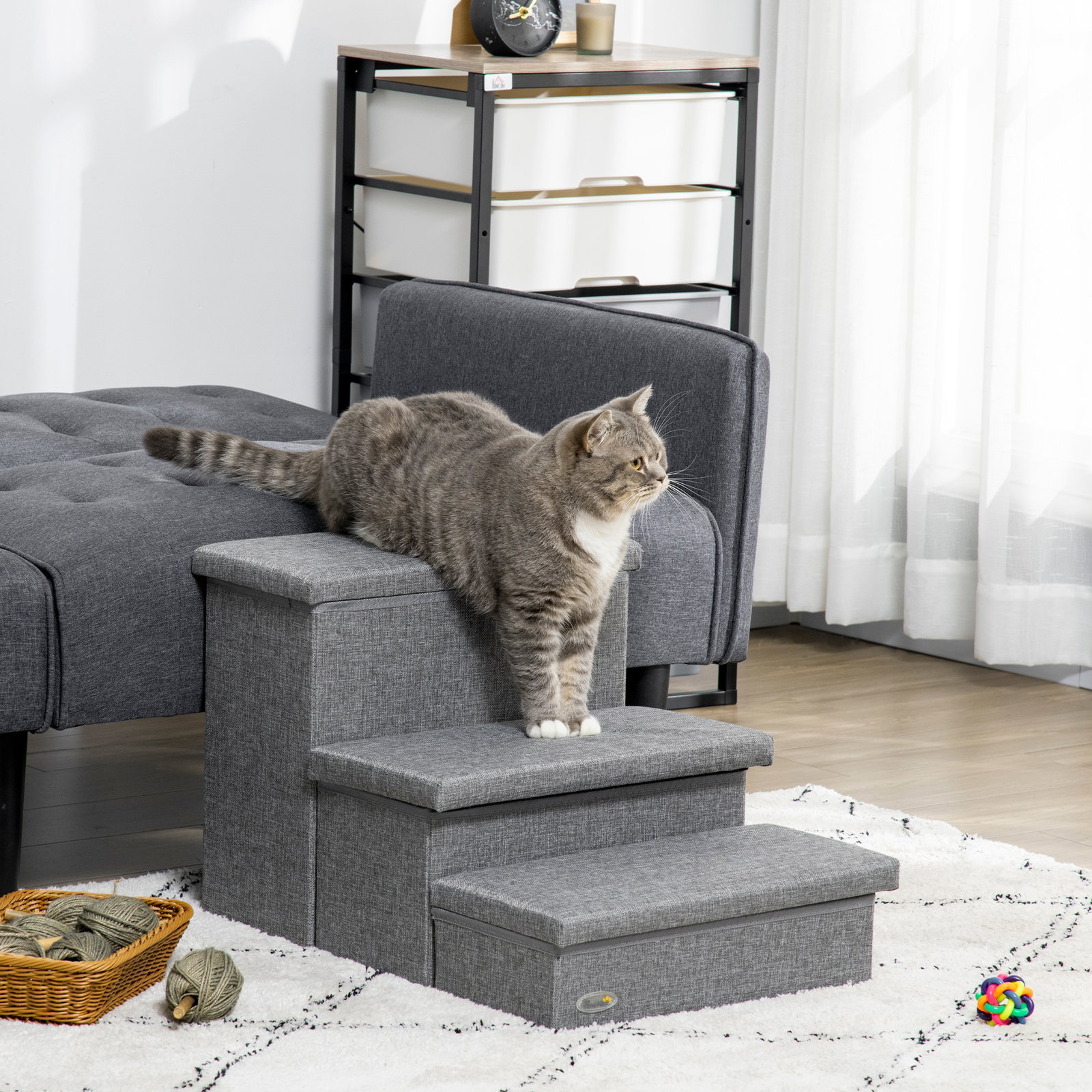 Escada para animais de estimação com 3 degraus para cães gatos com espaço de armazenamento 63,5x42,5x40,5 cm cinza