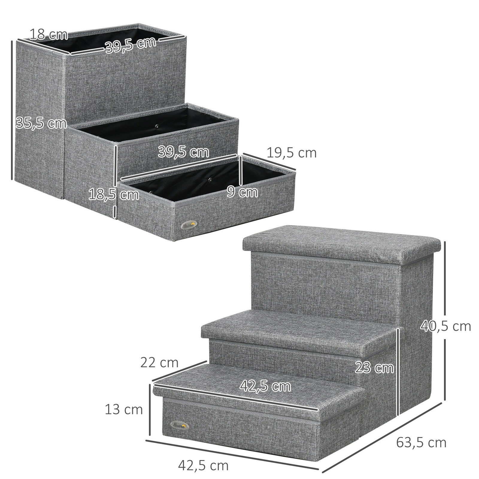 Escada para animais de estimação com 3 degraus para cães gatos com espaço de armazenamento 63,5x42,5x40,5 cm cinza