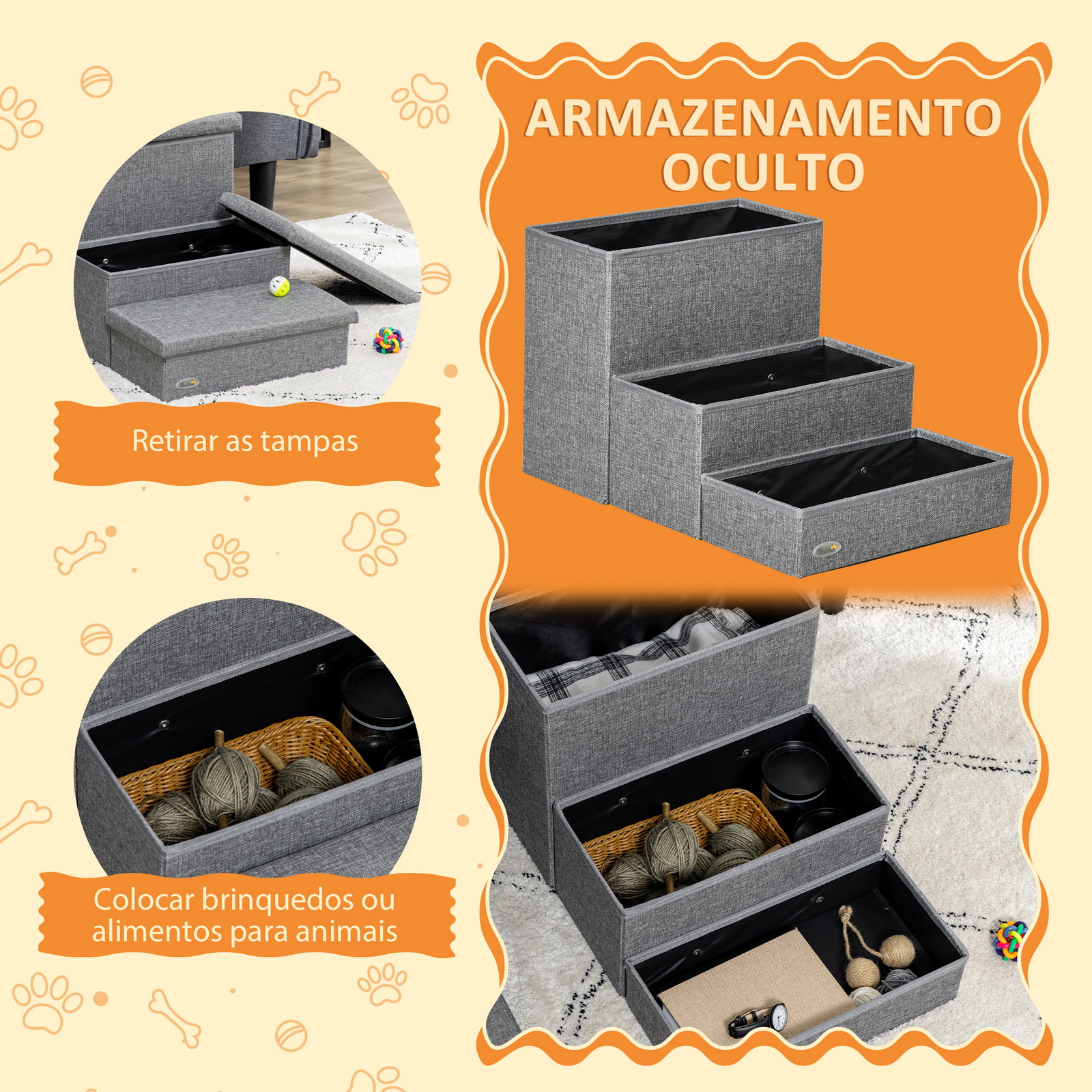 Escada para animais de estimação com 3 degraus para cães gatos com espaço de armazenamento 63,5x42,5x40,5 cm cinza