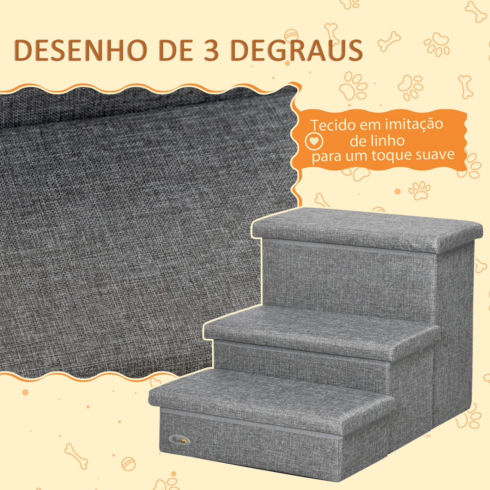 Escada para animais de estimação com 3 degraus para cães gatos com espaço de armazenamento 63,5x42,5x40,5 cm cinza