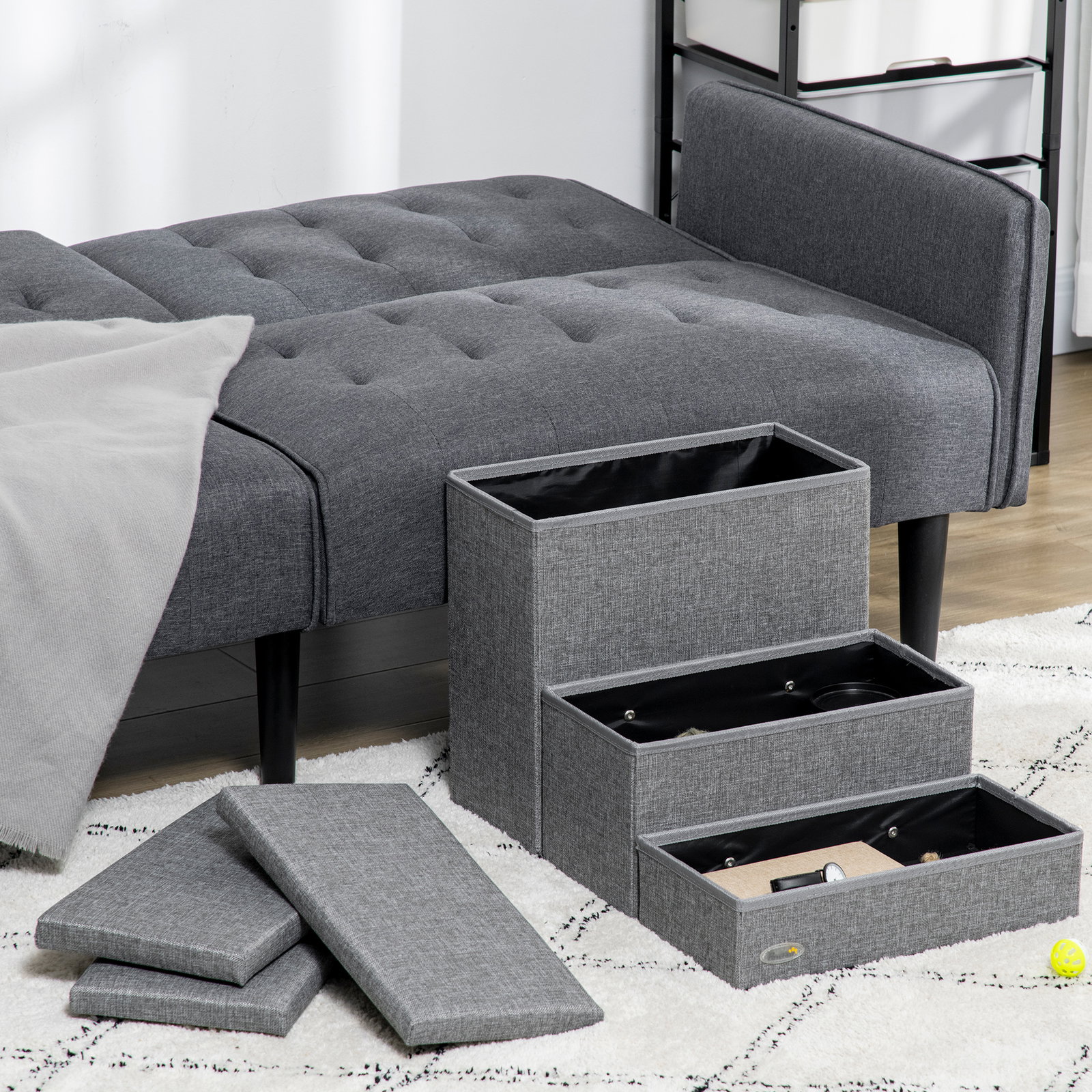 Escada para animais de estimação com 3 degraus para cães gatos com espaço de armazenamento 63,5x42,5x40,5 cm cinza