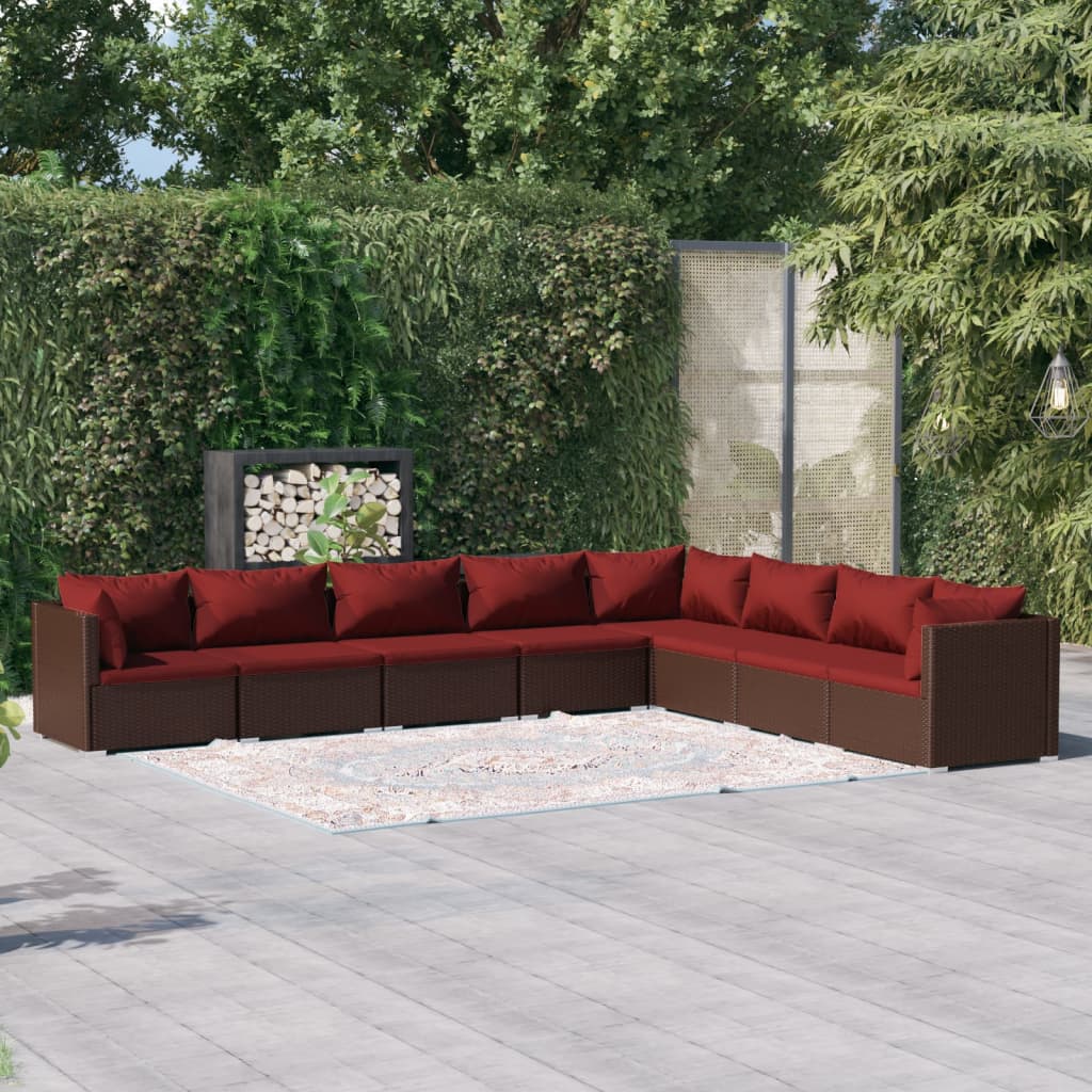 8 Pcs conjunto lounge jardim c/ almofadões vime PE castanho
