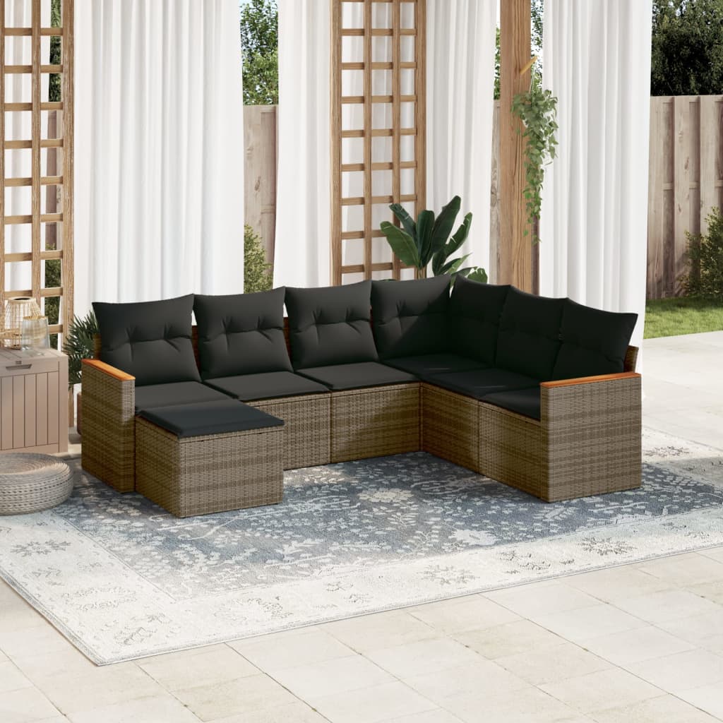 7 Pcs conjunto sofás p/ jardim c/ almofadões vime PE cinzento