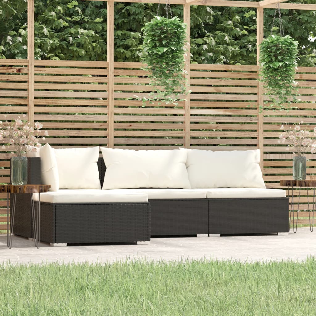 4 Pcs conjunto lounge de jardim c/ almofadões vime PE preto