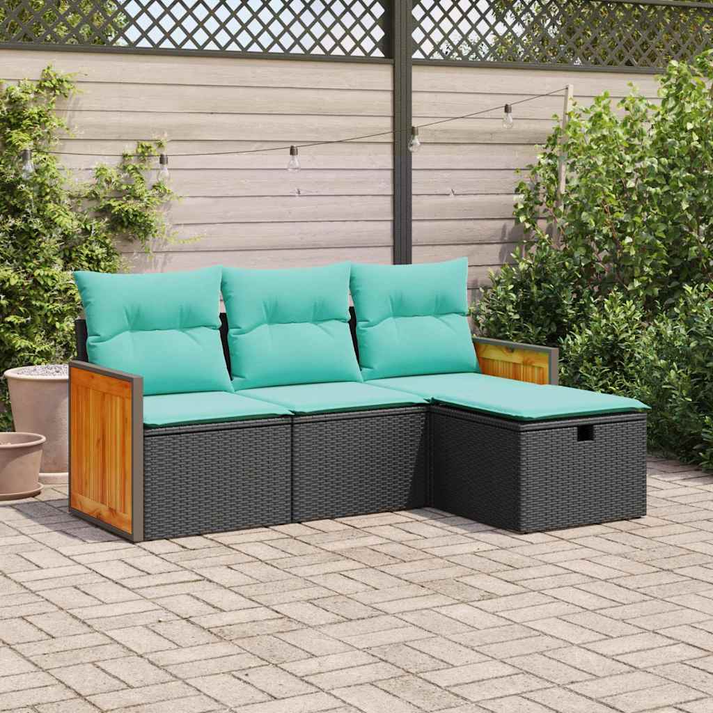 4 Pcs conjunto de sofás para jardim c/ almofadões vime PE preto