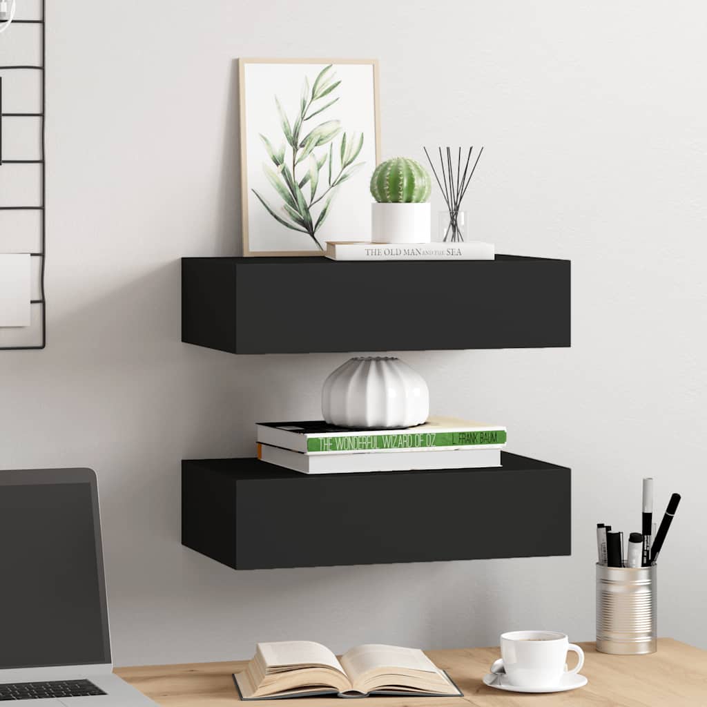 Prateleiras de parede com gavetas 2 pcs MDF 40x23,5x10 cm preto
