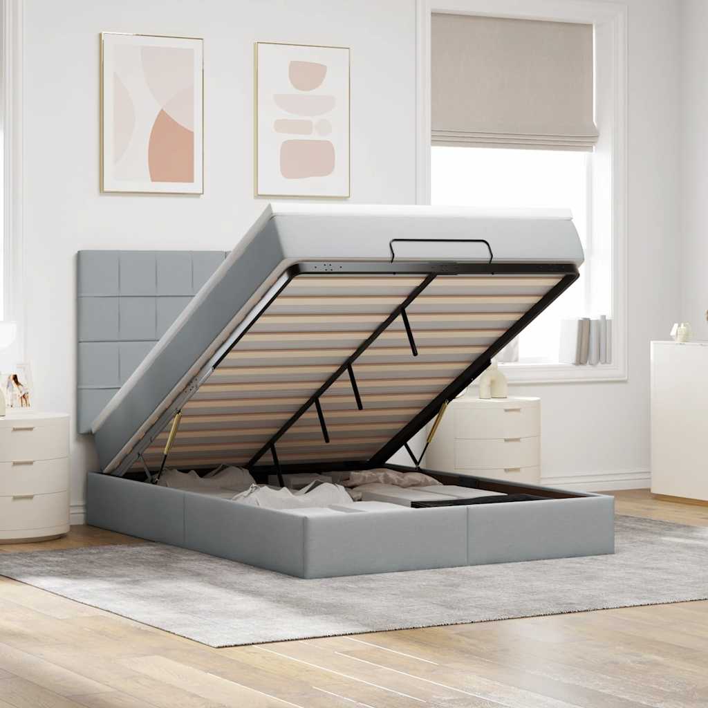 Estrutura cama otomana colchão 140x200cm tecido cinzento claro