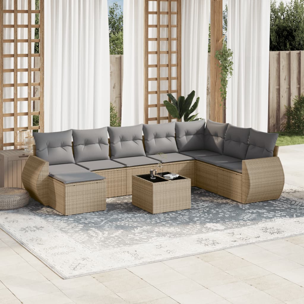 9 Pcs conjunto de sofás p/ jardim com almofadões vime PE bege