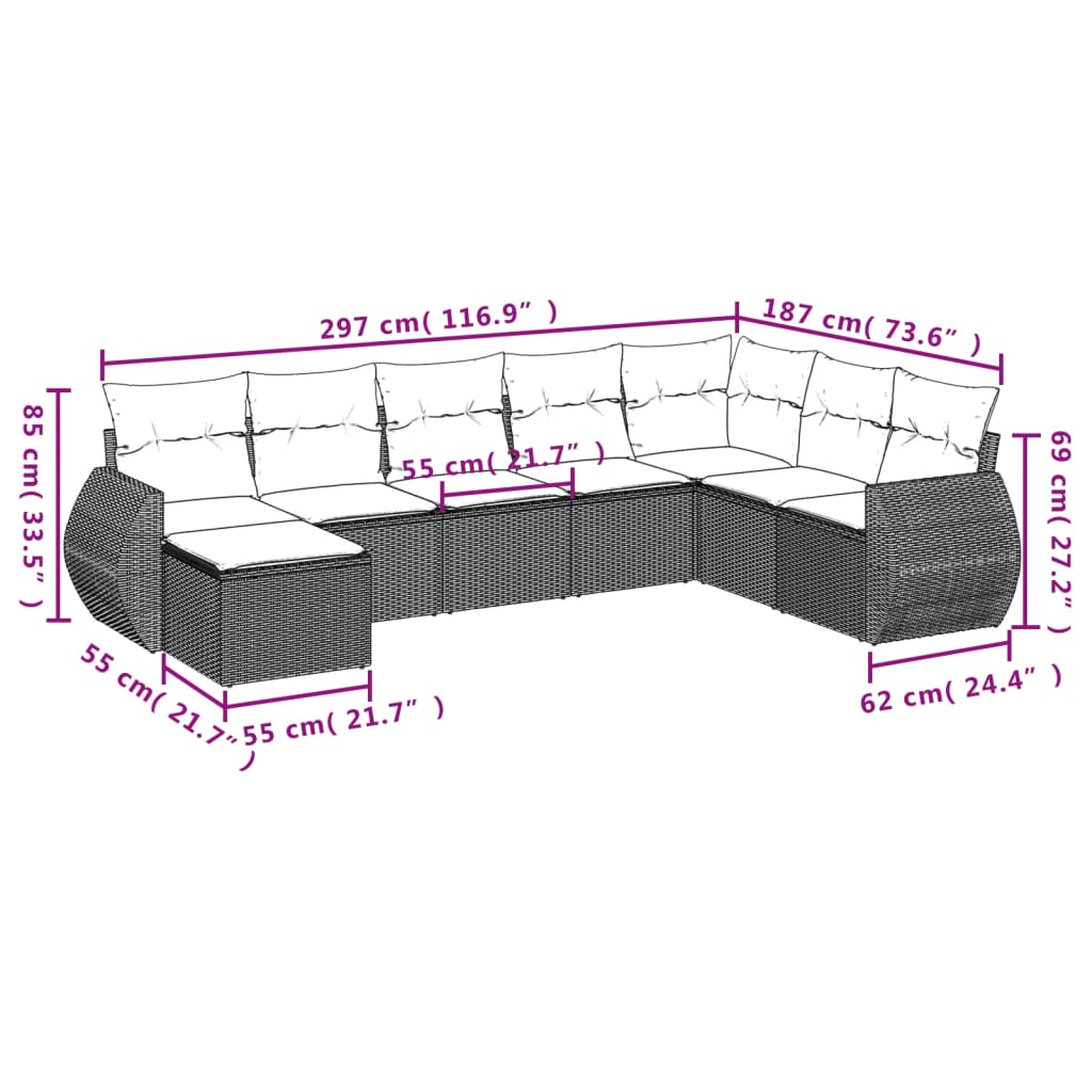 9 Pcs conjunto de sofás p/ jardim com almofadões vime PE bege